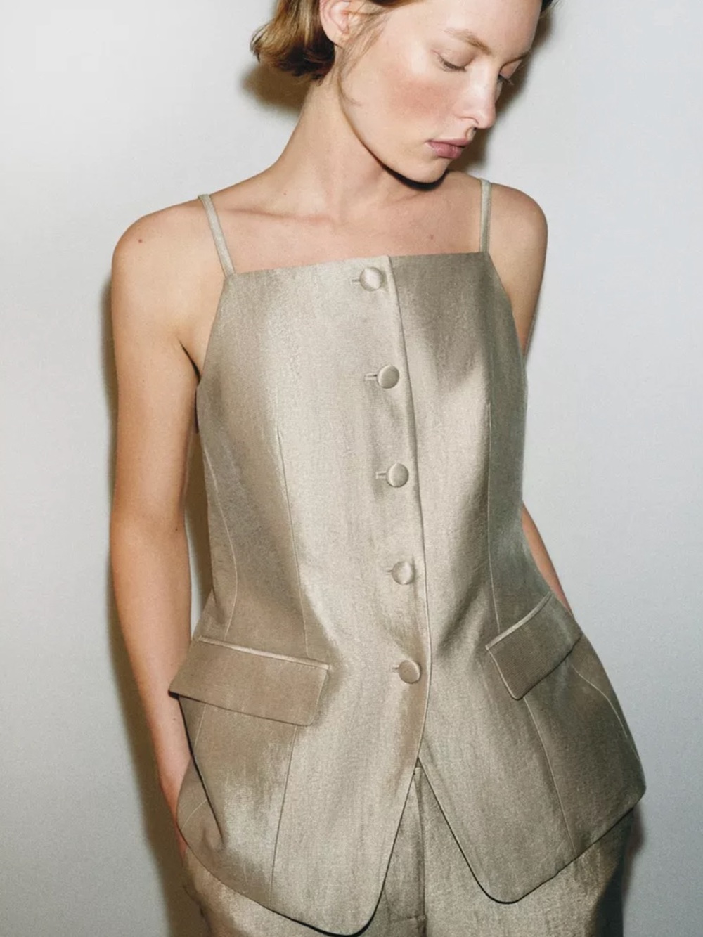 Zara Sleeveless Button-Front Jumpsuit Top in Light Khaki